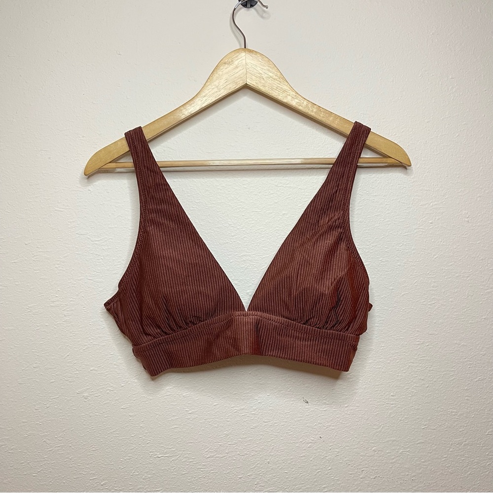 Aerie Brown Shimmer Ribbed Plunge Longline Triangle Bikini Top